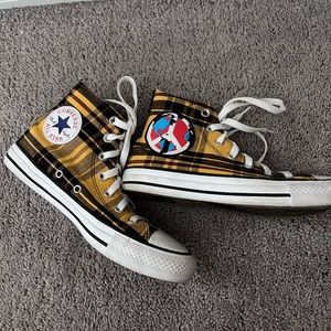 Yellow Plaid high top converse. Size US womens 7.